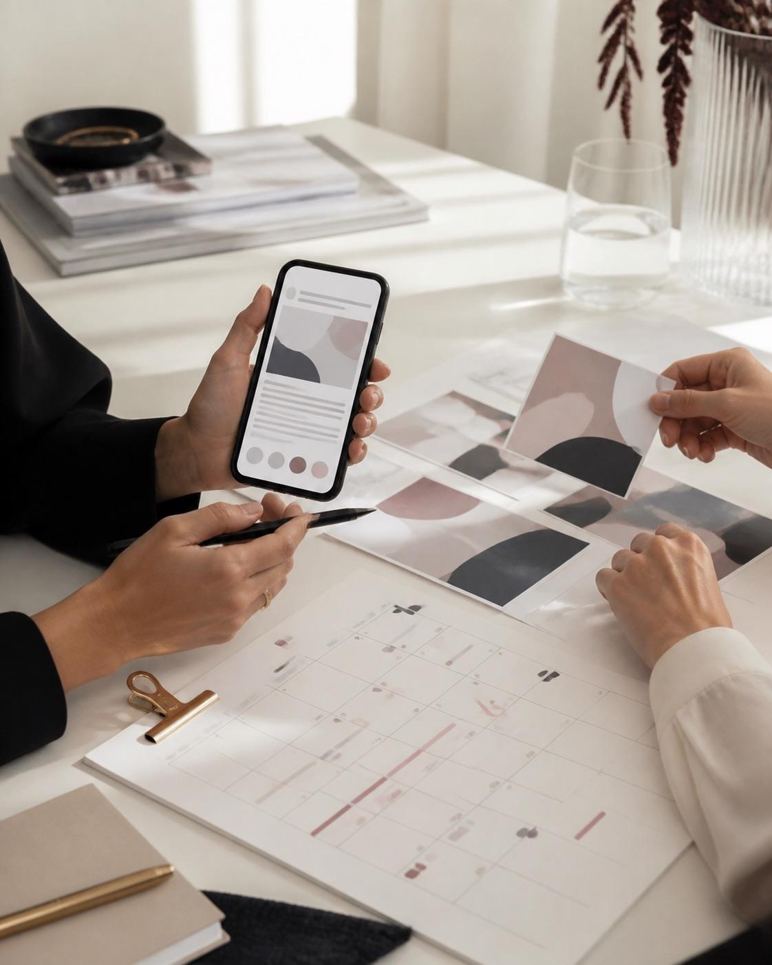 An illustrative content review with a phone, printed visual options, and a paper calendar