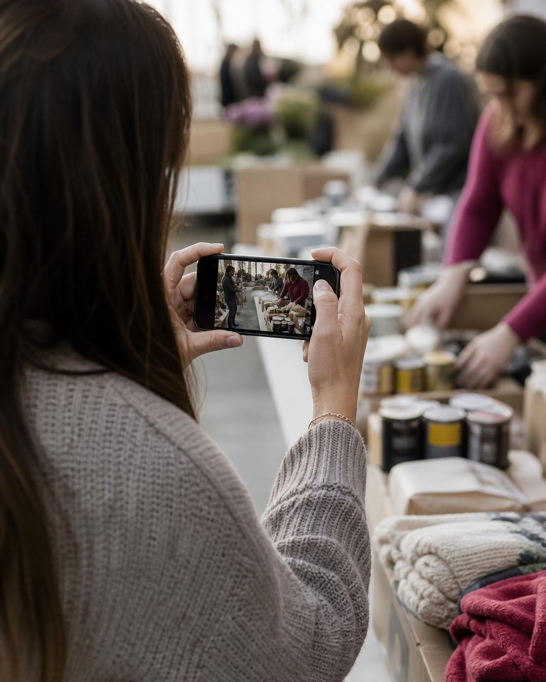 An illustrative scene of a community event being documented carefully on a phone